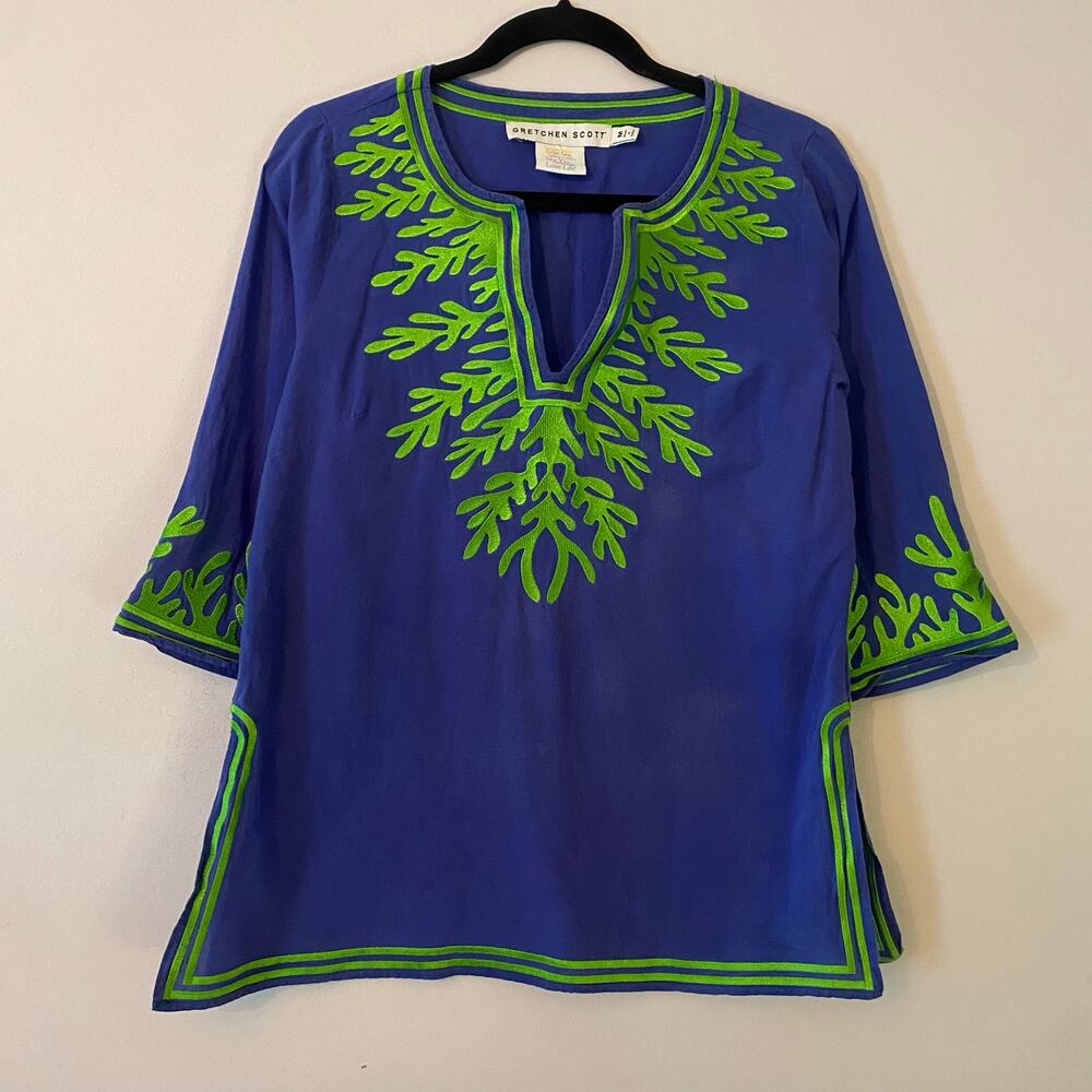 Gretchen Scott Blue Green Ocean Water 3/4 Sleeve Popover Blouse Cotton Medium